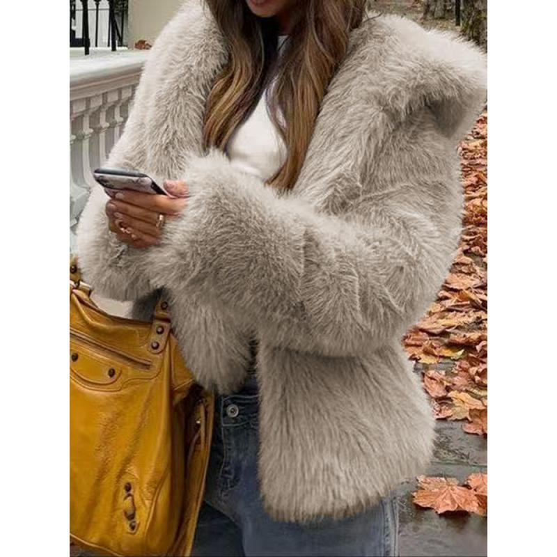 Women's Casual Faux Fur Hooded Jacket Short Style Fall & Winter Wear Moderate Fabric Thickness Fitted Design Coffee Brown Basic Outerwear Coats