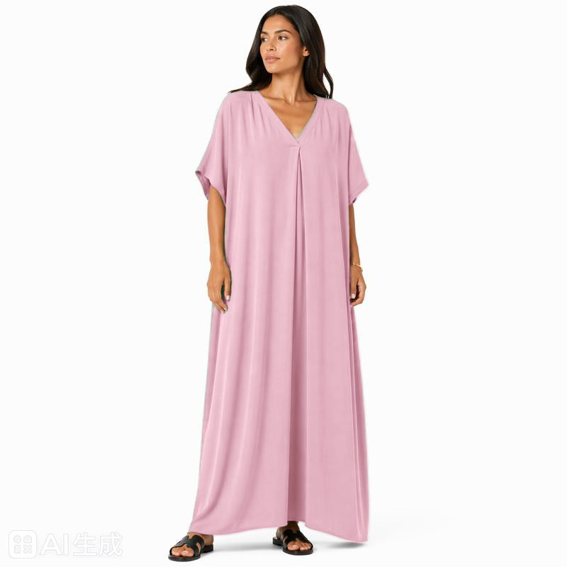 Women's oversized flowy V-neck maxi dress, chic and comfortable for summer, in a light and soft fabric for all occasions
