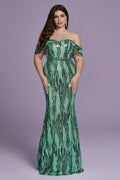 Curveins Plus Size Off-Shoulder Bodycon Sequin Maxi Dress with Textured Detailing
