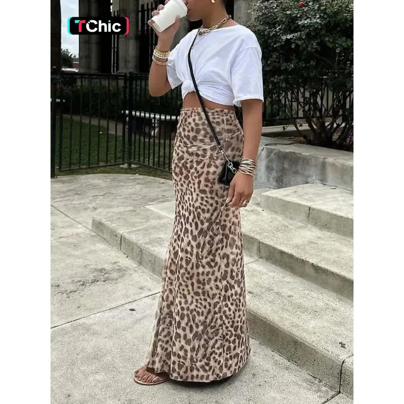 High Waisted Leopard Print Mesh Skirt, Split Design, Slim Fit, Long Hem, Versatile Valentine's Day Dress, Fashionable Women's Clothing