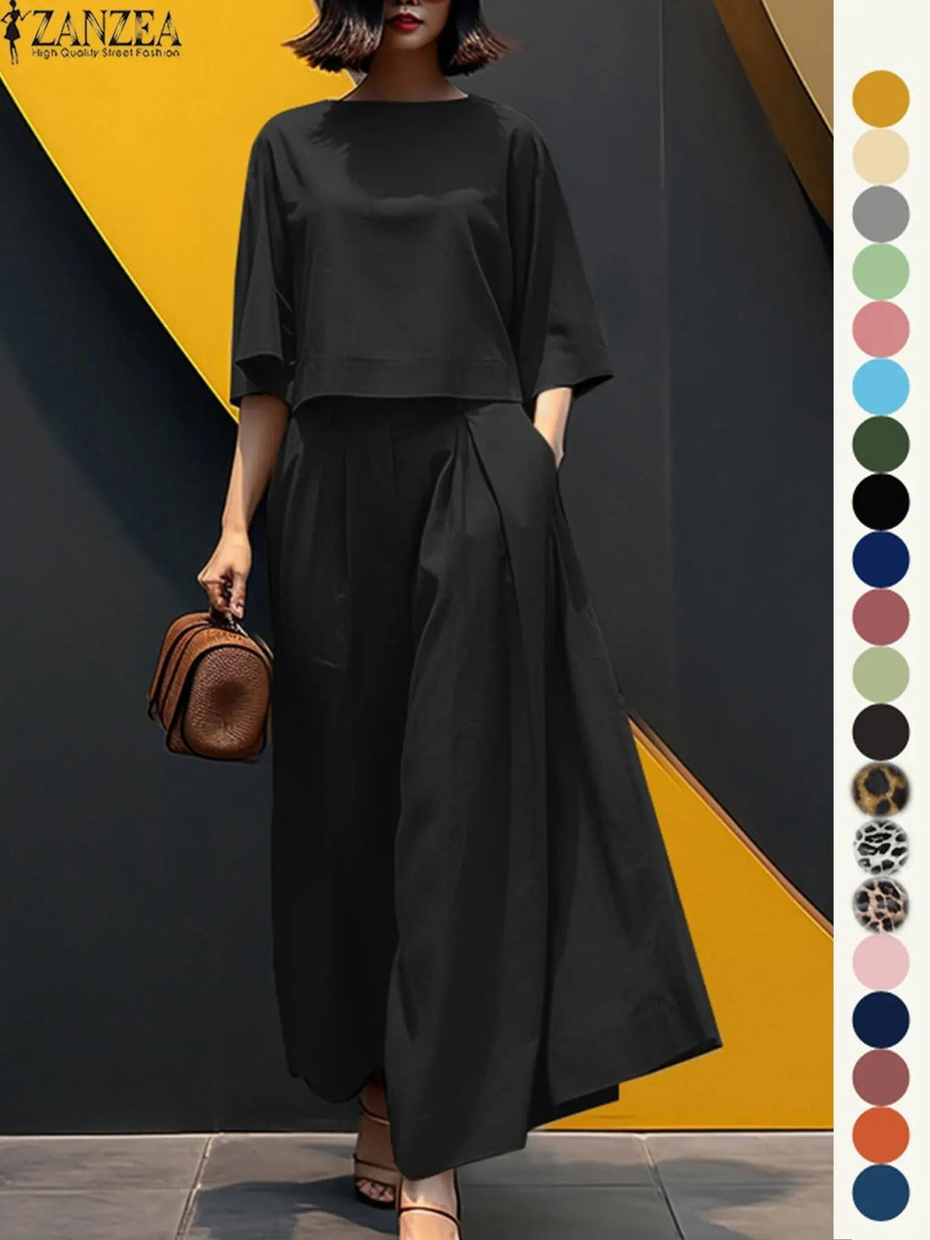 Women's Top & Wide Leg Pants Two-piece Set, Casual Fashion Minimalist Cozy Three Quarter Length Sleeve Top & Trousers for Daily Outdoor Wear, Ladies Clothes for All Seasons, Womenswear