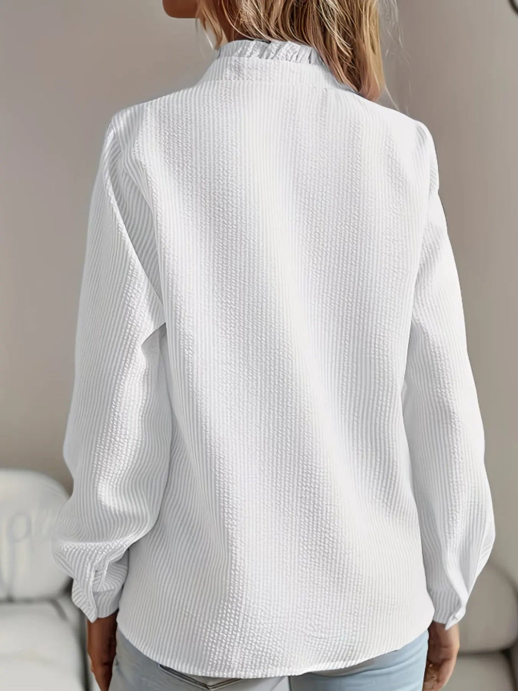 Women's Plain Ruffle Trim Button Front Fitted Woven Fabric Shirts, Blouse, Elegant Chic Casual Bishop Sleeve Long Sleeve Frill Trim Top for Daily Wear, Ladies Clothes for All Seasons, Womenswear