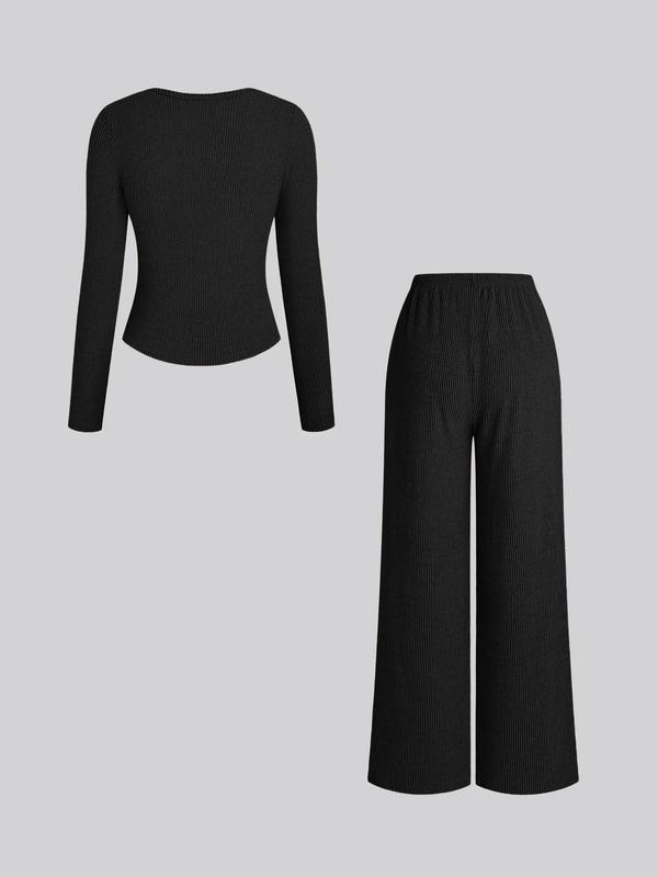 Women's Fall Winter Casual Slim-Fit Long Sleeve Round Neck Top & Pants Set, Plain Pattern Moderate Fabric, Two-Piece