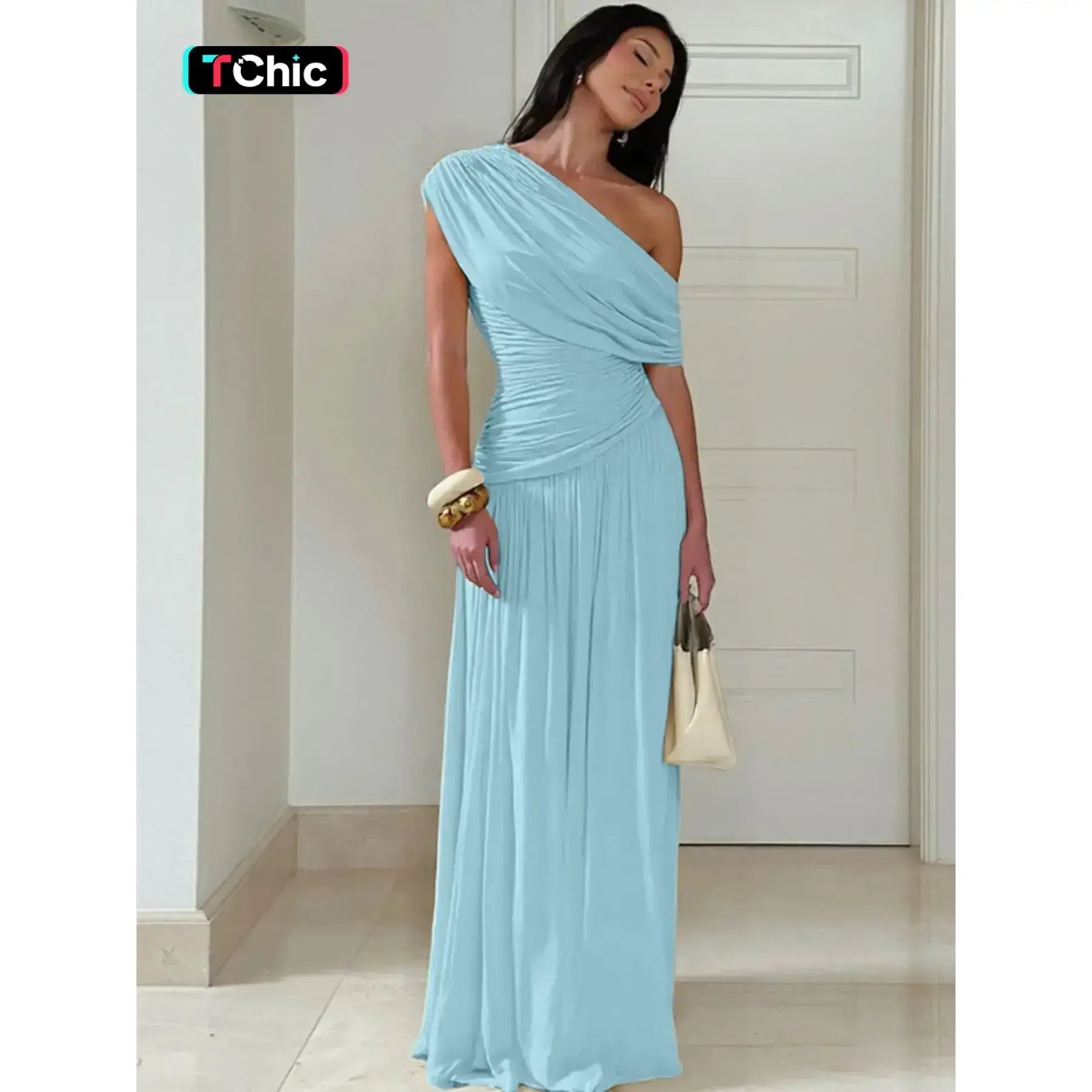 Women's Solid Color Ruched Dress, Elegant Dress Evening Party Gown, Ladies Summer Clothes, Asymmetrical Ruched Dress