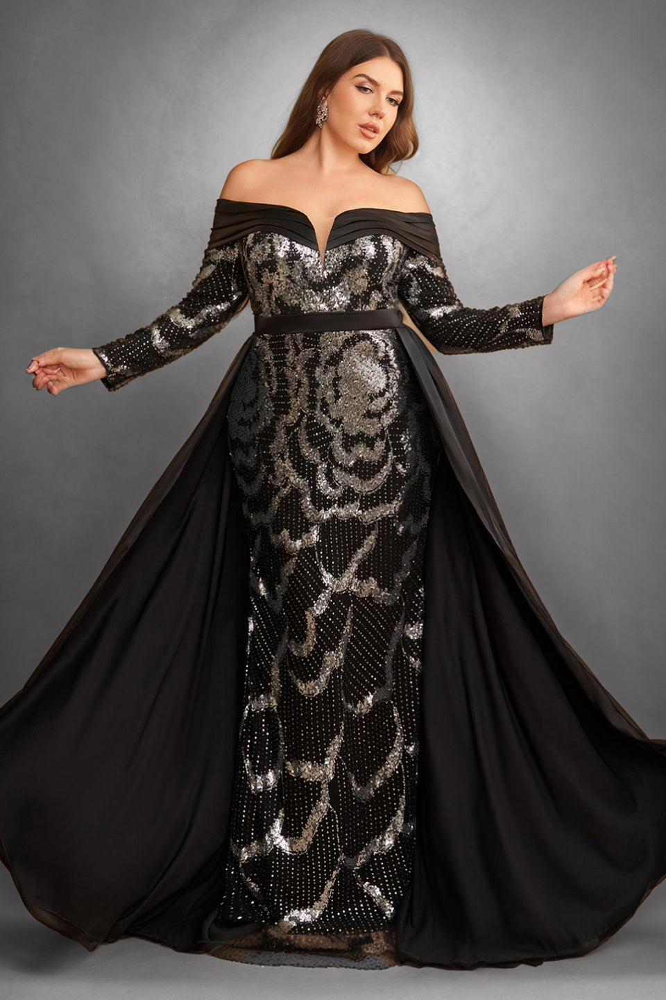 Curveins Plus Size Sparkling Sequin Off Shoulder Long Sleeve Elegant Party Maxi Dress