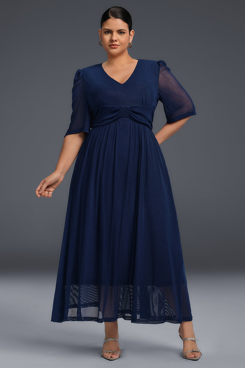 Curveins Plus Size V-Neck Long Sleeve Ruffle Hem Maxi Dress
