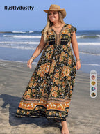 [Plus Size] Floral Print V-Neck Maxi Dress
