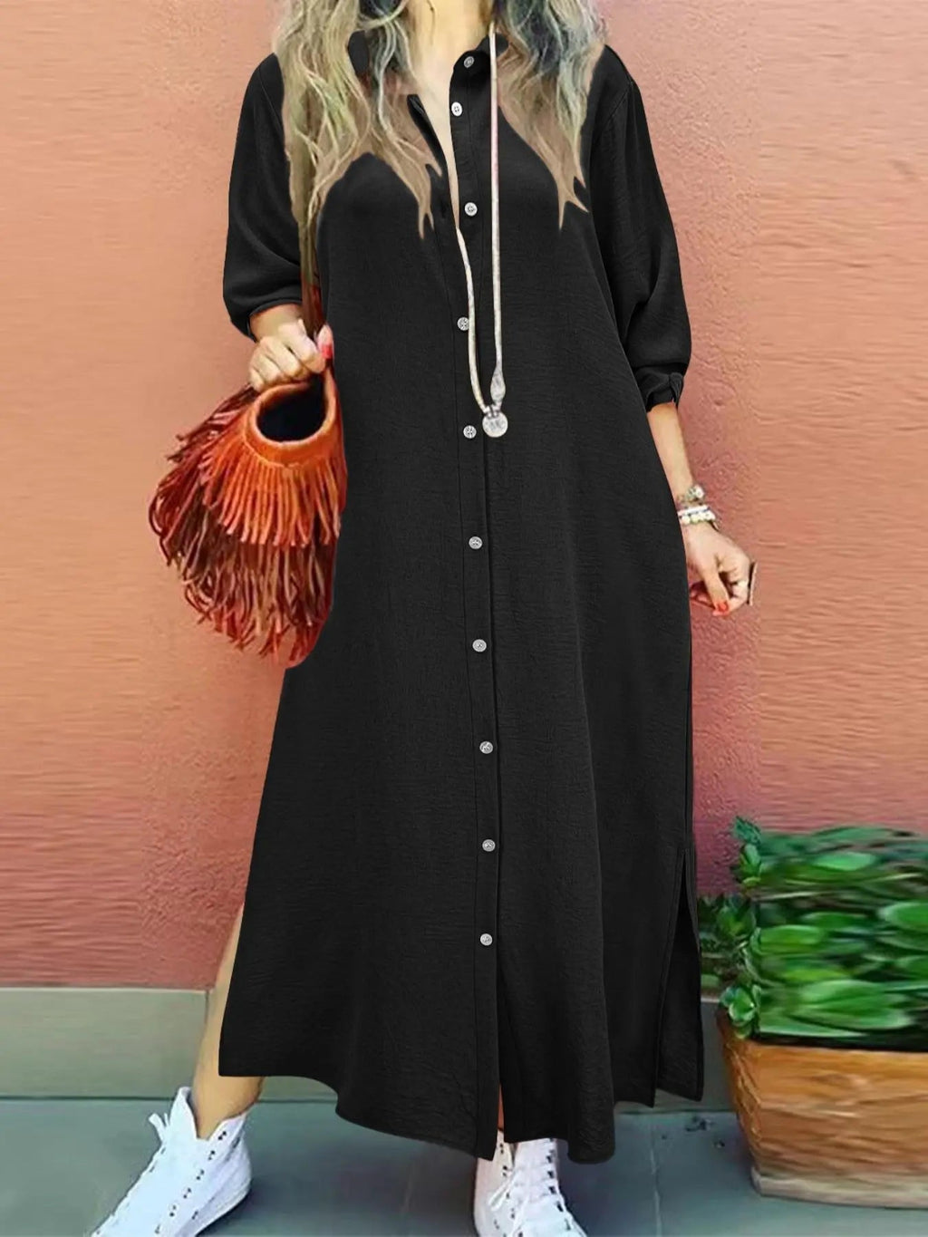 Women's Plain Button Shirt Collar Long Sleeve Dress, Collared Casual Fashion Long Dress for Daily Outdoor Wear, Women's Dress for Spring