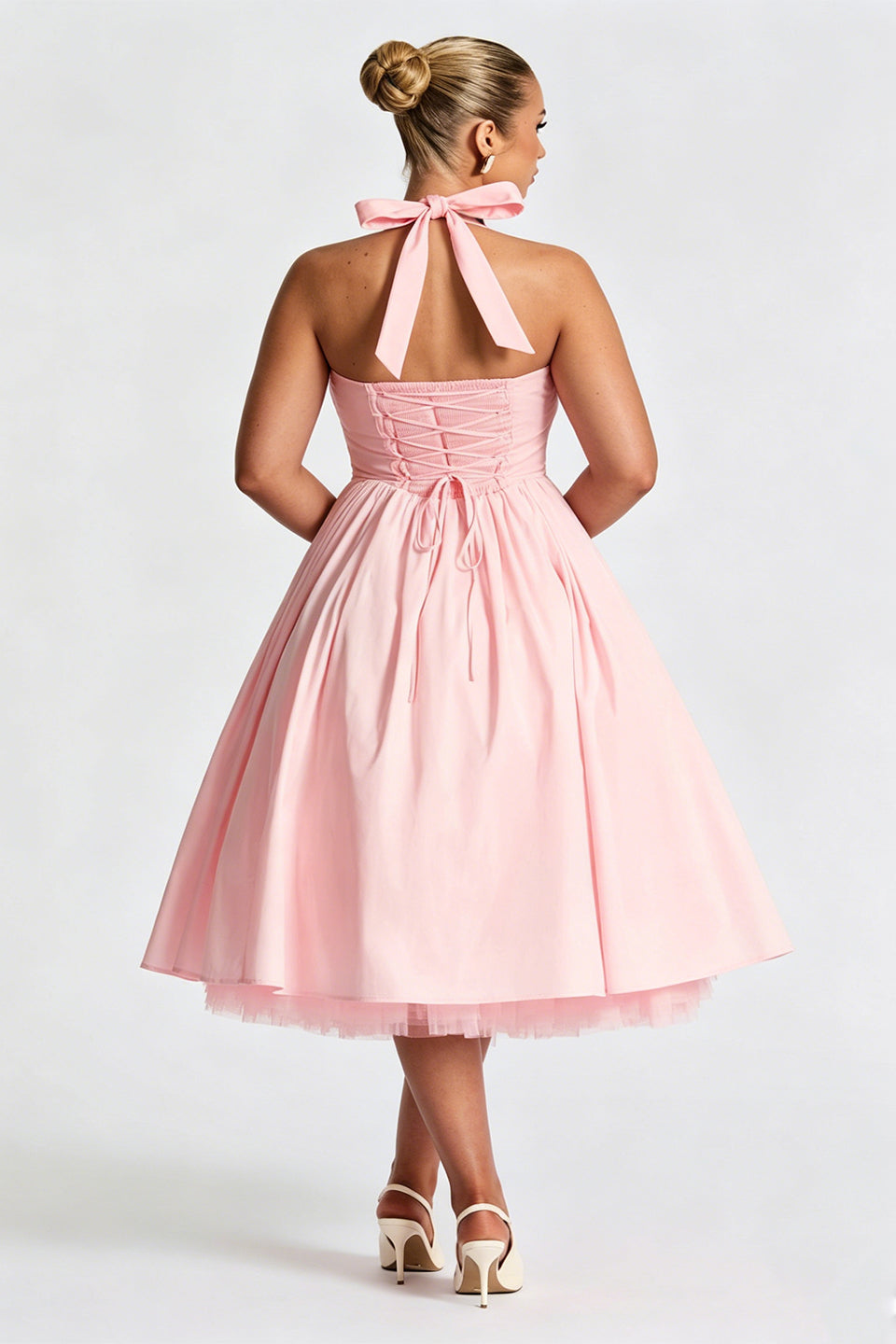 Curveins Plus Size Halter Neck Spaghetti Strap Sleeveless Puff Skirt Midi Dress