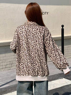Women Casual Zip Up Front Long Sleeve Leopard Print Sweatshirt,Fall Clothes