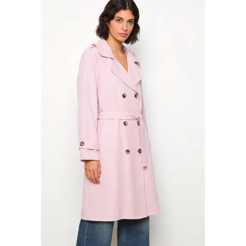 Trench coat, lined, lapel, double-breasted, with belt, front pockets, comfortable women's wear, elegant and versatile, suitable for any occasion, formal or casual, especially suitable for autumn, winter and spring.