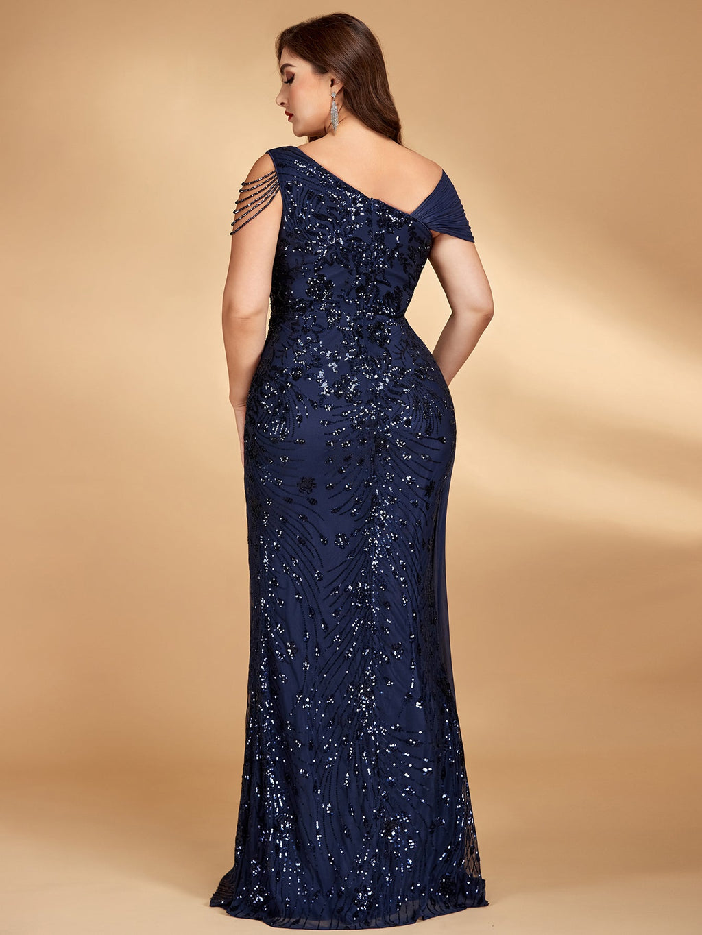 Curveins Plus Size One Shoulder Sleeveless Beaded Ribbon Elegant Maxi Dress