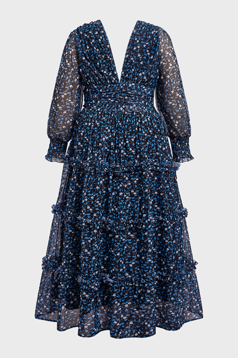 Curveins Plus Size V Neck Long Sleeve Floral Tiered Maxi Dress