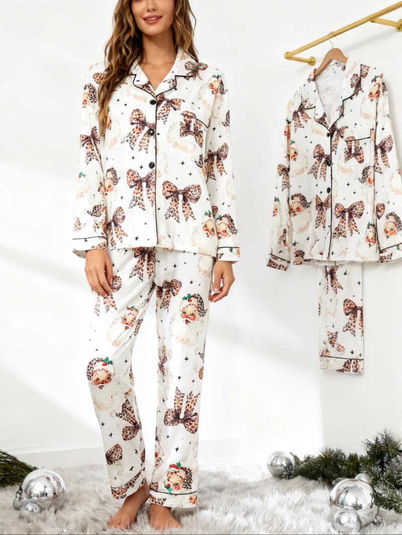Women's Christmas Pajama Set, Lapel Button Long Sleeve Top & Loose Comfortable Pants, Casual All-Over Print Sleepwear