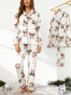 Women's Christmas Pajama Set, Lapel Button Long Sleeve Top & Loose Comfortable Pants, Casual All-Over Print Sleepwear