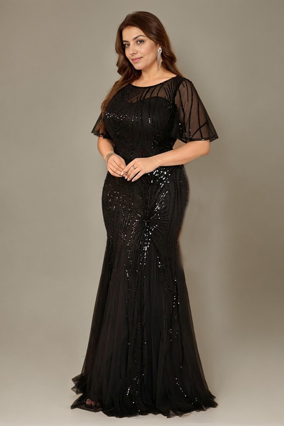 Curveins Plus Size Round Neck Batwing Sleeve Mermaid Patchwork Elegant Maxi Dress