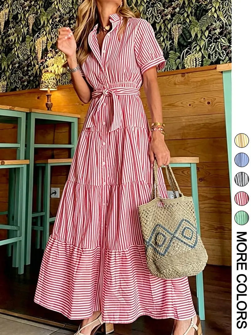 Women's Striped Print Belted   Dress, Elegant Casual  Long Dress for Summer, Women's Clothing for Daily Wear
