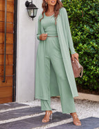 Women's 3 Piece Lounge Set Pajama Long Sleeve Cardigan Sleeveless Top Pants Sweatsuit