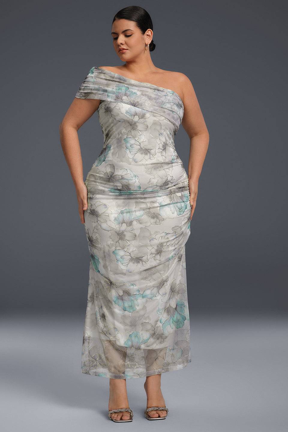 Curveins Plus Size One-Shoulder Floral Mesh Split Hem Maxi Dress