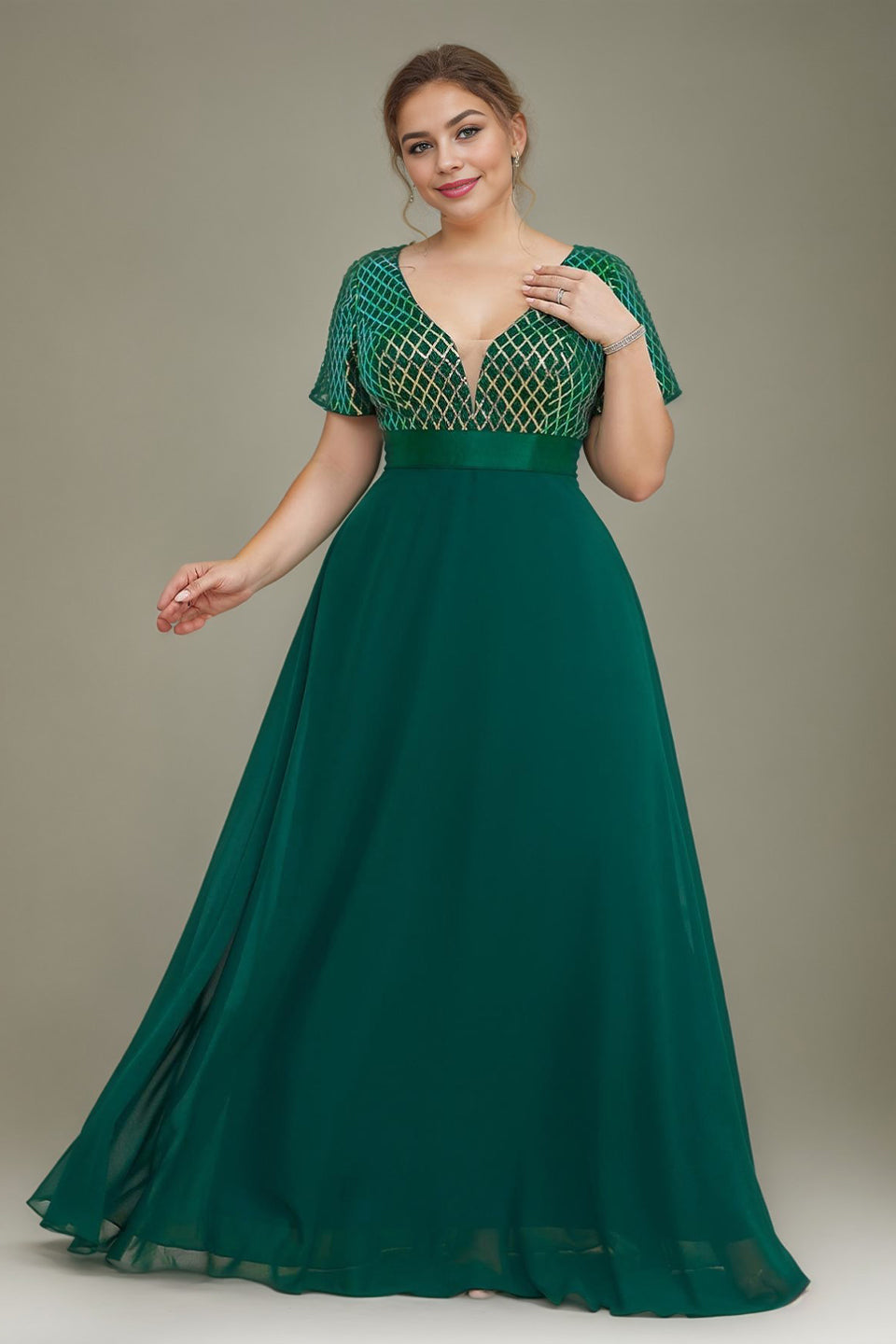 Curveins Plus Size Sequin V-Neck Short Sleeve Maxi Evening Gown