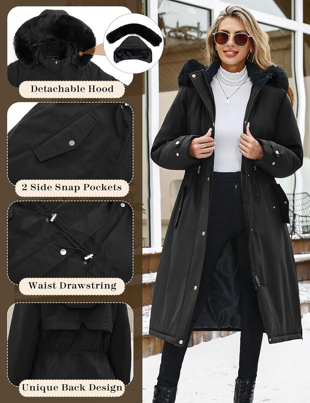 Women's Long Coats Winter Fleece Lined Warm Long Jackets for Women, Water Repellent Windproof Parka Coat Zip Up Button Drawstring Waist Overcoat with Pockets and Detachable Hood