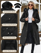Women's Long Coats Winter Fleece Lined Warm Long Jackets for Women, Water Repellent Windproof Parka Coat Zip Up Button Drawstring Waist Overcoat with Pockets and Detachable Hood