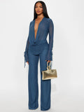Women's Deep V Neck Blouse Set, Long Sleeve Crop Top & High Waisted Pants, Sexy Plain Design, Fall Winter Fashion