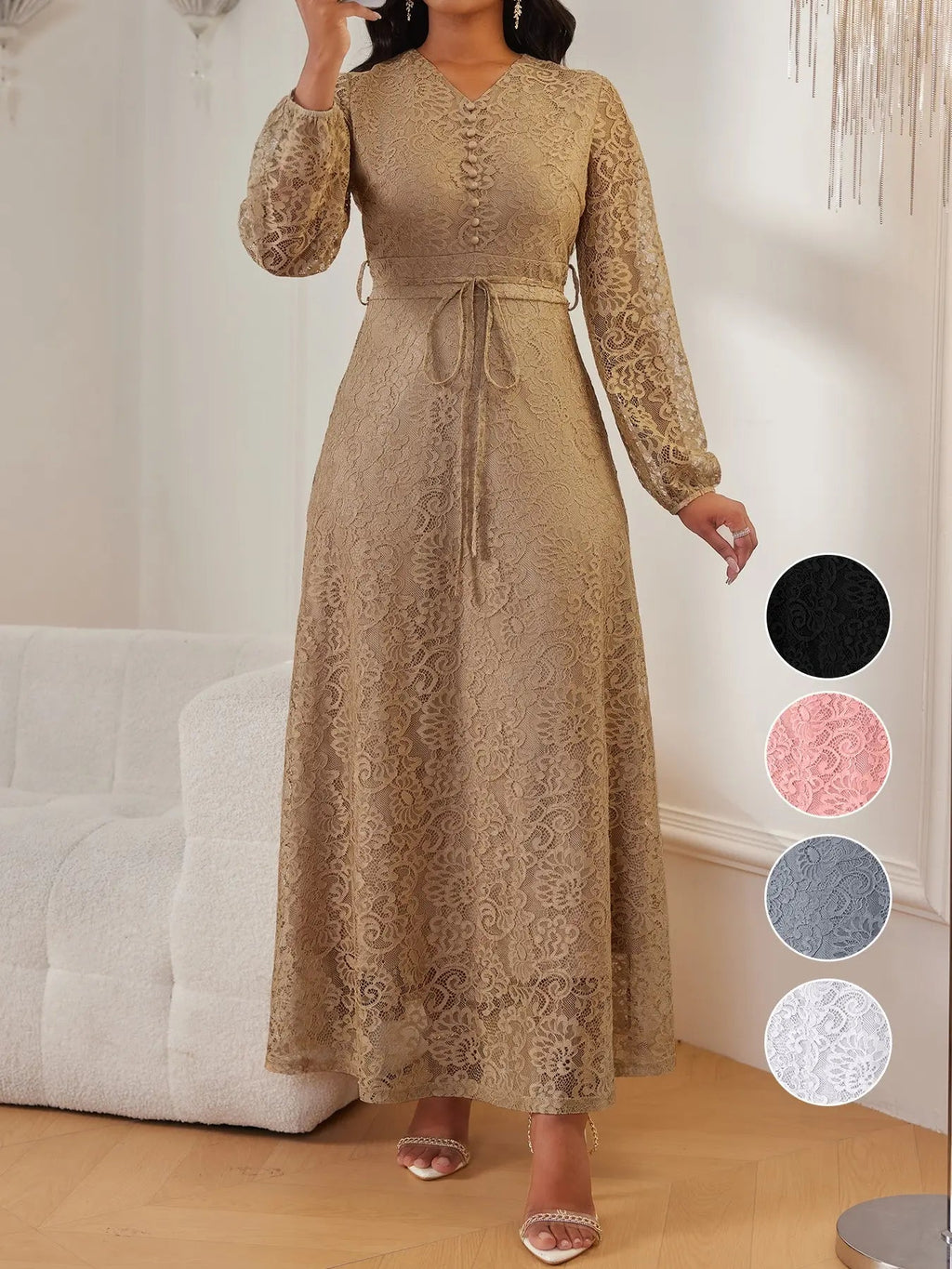 Women's Lace V-Neck Long Sleeve Dress, Elegant Chic Belted Waist, Slim Fit, Plain Color, Wedding Evening Formal Occasion, Spring & Fall