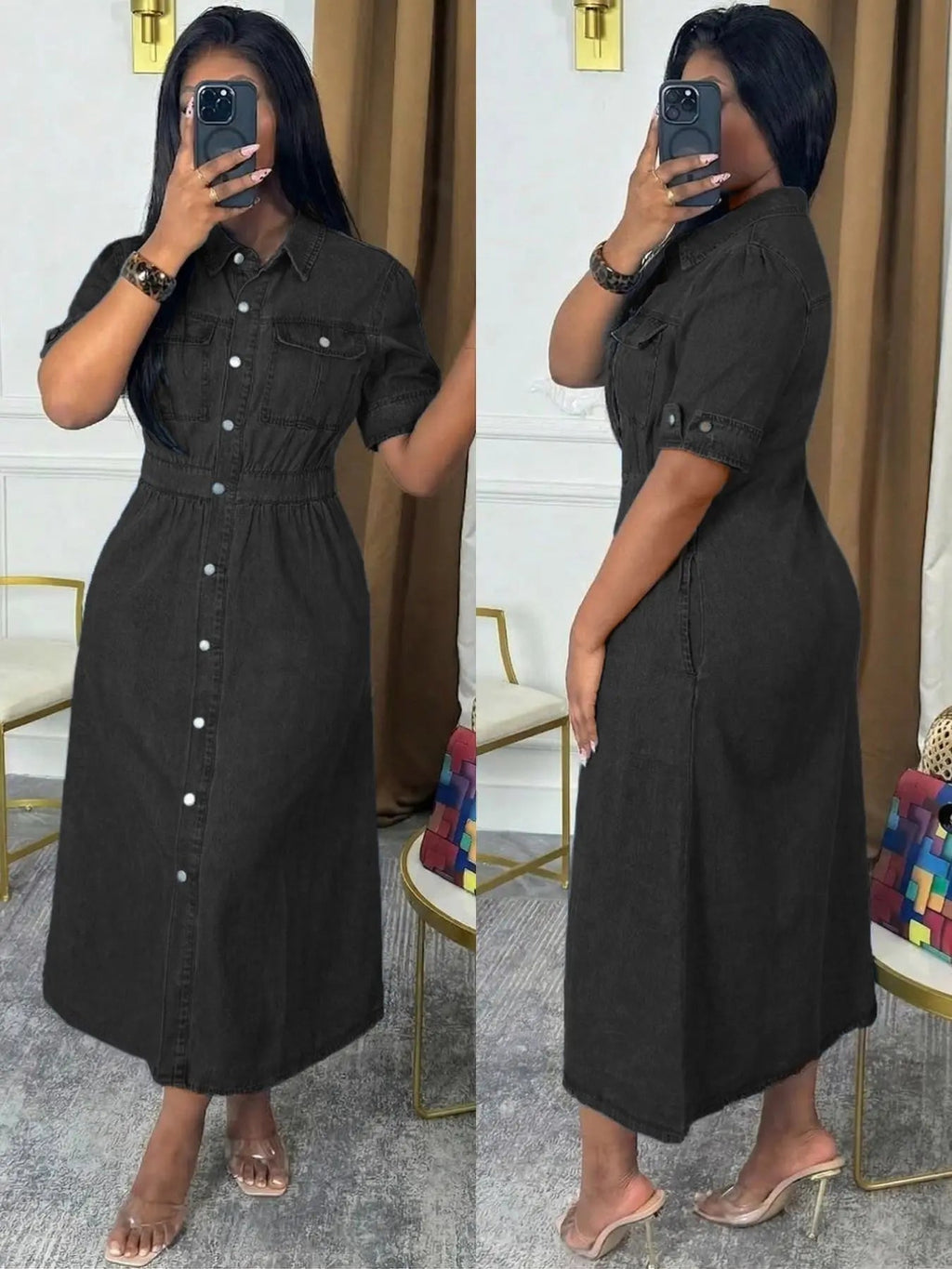 Chic Denim Shirt Dress - Button Down Midi with Chest Pockets & Cuffed Sleeves | Effortless Casual Jean Dress