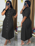 Chic Denim Shirt Dress - Button Down Midi with Chest Pockets & Cuffed Sleeves | Effortless Casual Jean Dress