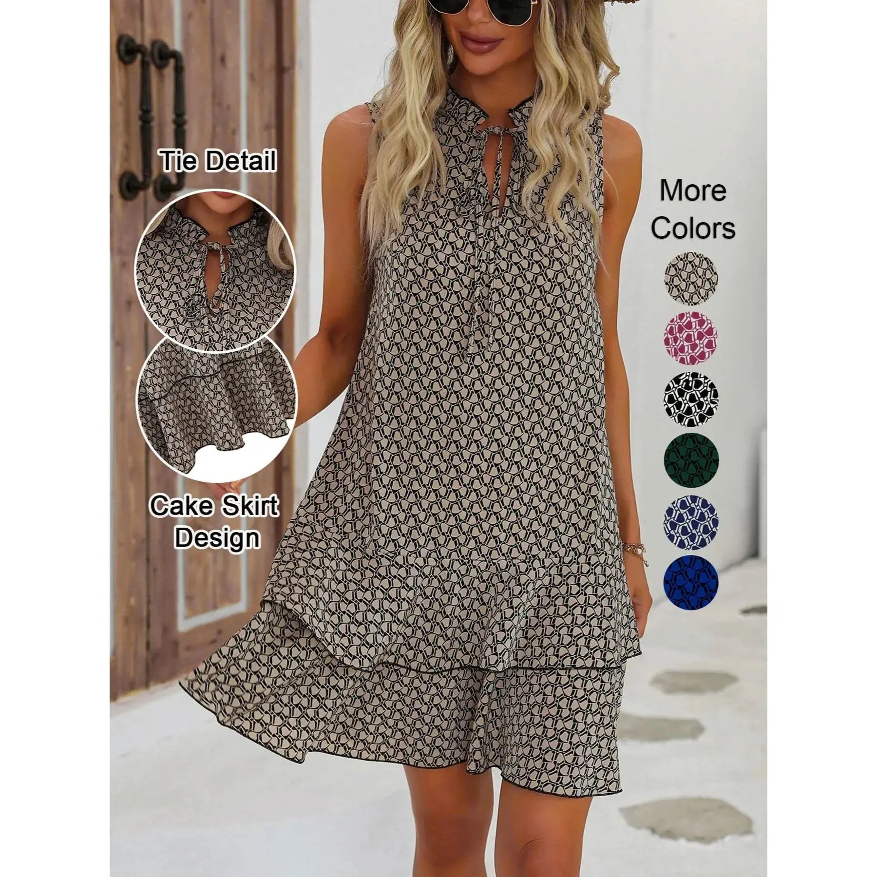 Women's Geometric Print Bow Tie Dress, Tiered Layer Cake Skirt, Casual Spring Summer Wear, Fitted Short Sleeveless Design