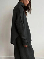 Women's 2 Pcs Sweater Set Autumn/Winter Long Sleeve Turtle Neck Drop Shoulder Solid Color Pullover Sweater and Wide Leg Pants