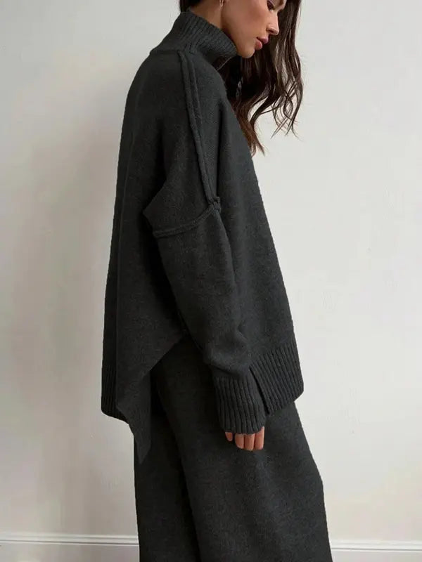 Women's 2 Pcs Sweater Set Autumn/Winter Long Sleeve Turtle Neck Drop Shoulder Solid Color Pullover Sweater and Wide Leg Pants