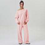 Women's Leisure Solid Color Sloping Shoulder Long Sleeve Top & Wide Leg Trousers Co-ord, Cozy Scoop Neck Loose Two Piece Outfits, Basic Womenswear
