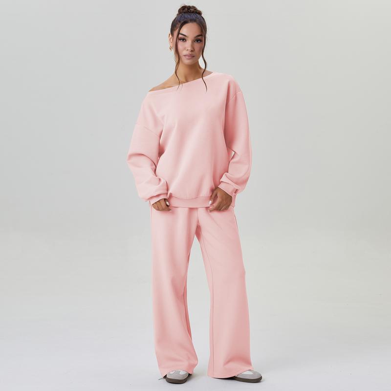 Women's Leisure Solid Color Sloping Shoulder Long Sleeve Top & Wide Leg Trousers Co-ord, Cozy Scoop Neck Loose Two Piece Outfits, Basic Womenswear