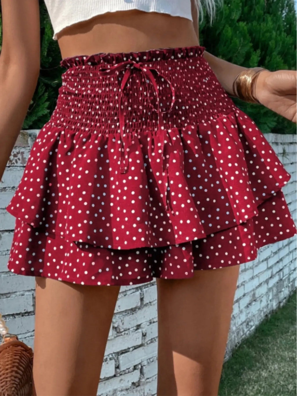 Women's Floral Print Woven Fabric Frill Trim Shirred Tiered Layer Shorts, Casual Lightweight Loose High Waist Tie Front Drawstring Wide Leg Shorts for Spring & Fall, Women's Bottoms for Daily Wear, 1 Piece Womenswear