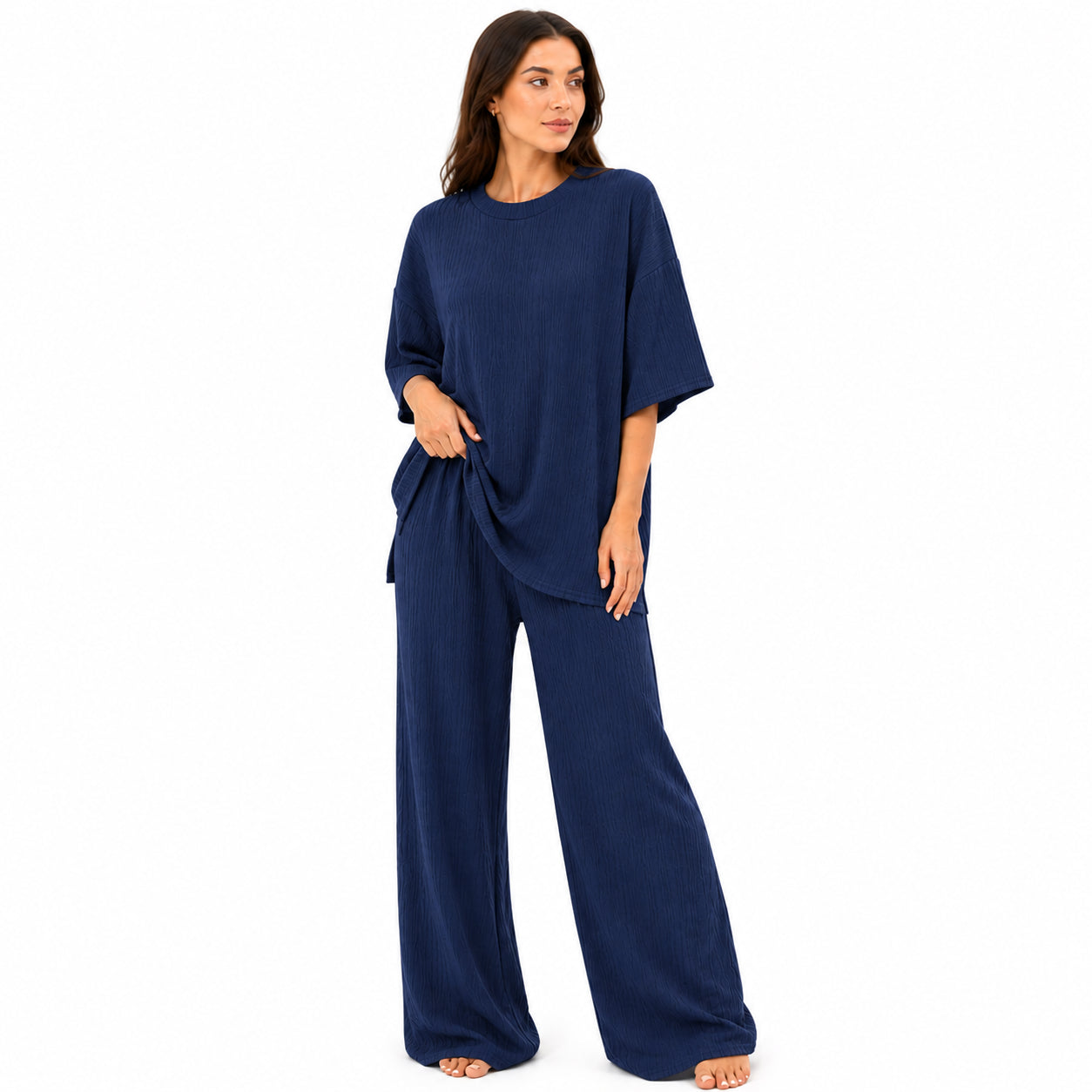 Ensemble Femme Chic Texturé – T-shirt & Pantalon Fluide