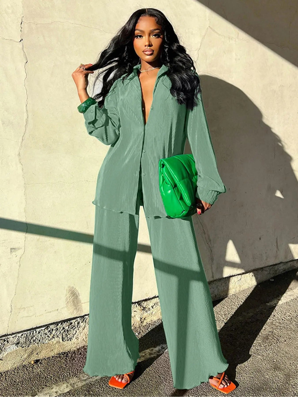 Women's Solid Button Front Shirt & Elastic Waist Pants Two-piece Set