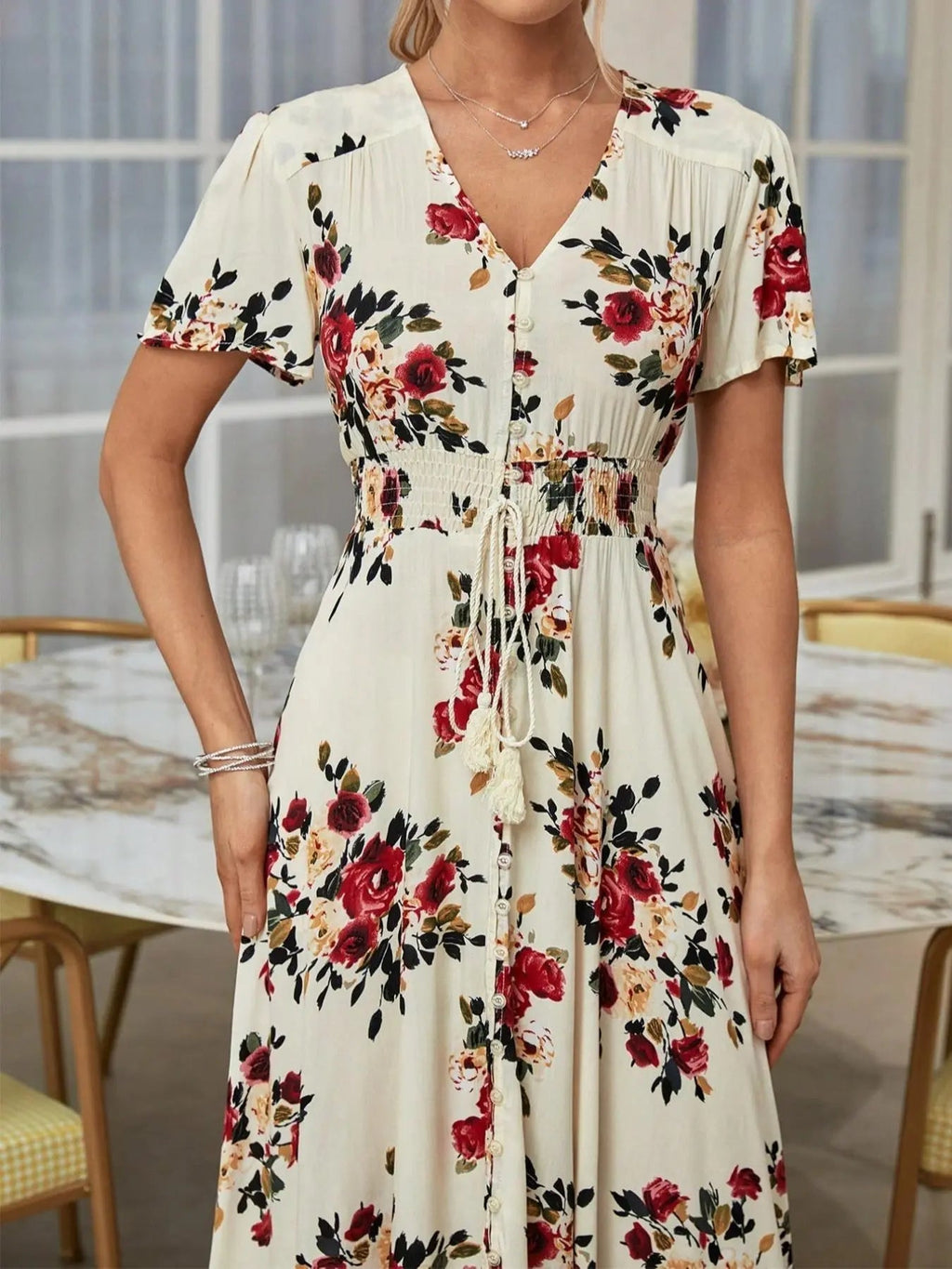 Women's Floral Print Button Front Dress, Boho French Style Short Sleeve Dress for Summer, Women's Clothes for Beach Vacation Holiday