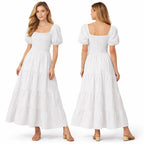 Robe longue femme smockée manches bouffantes coupe fluide à volants style élégant été