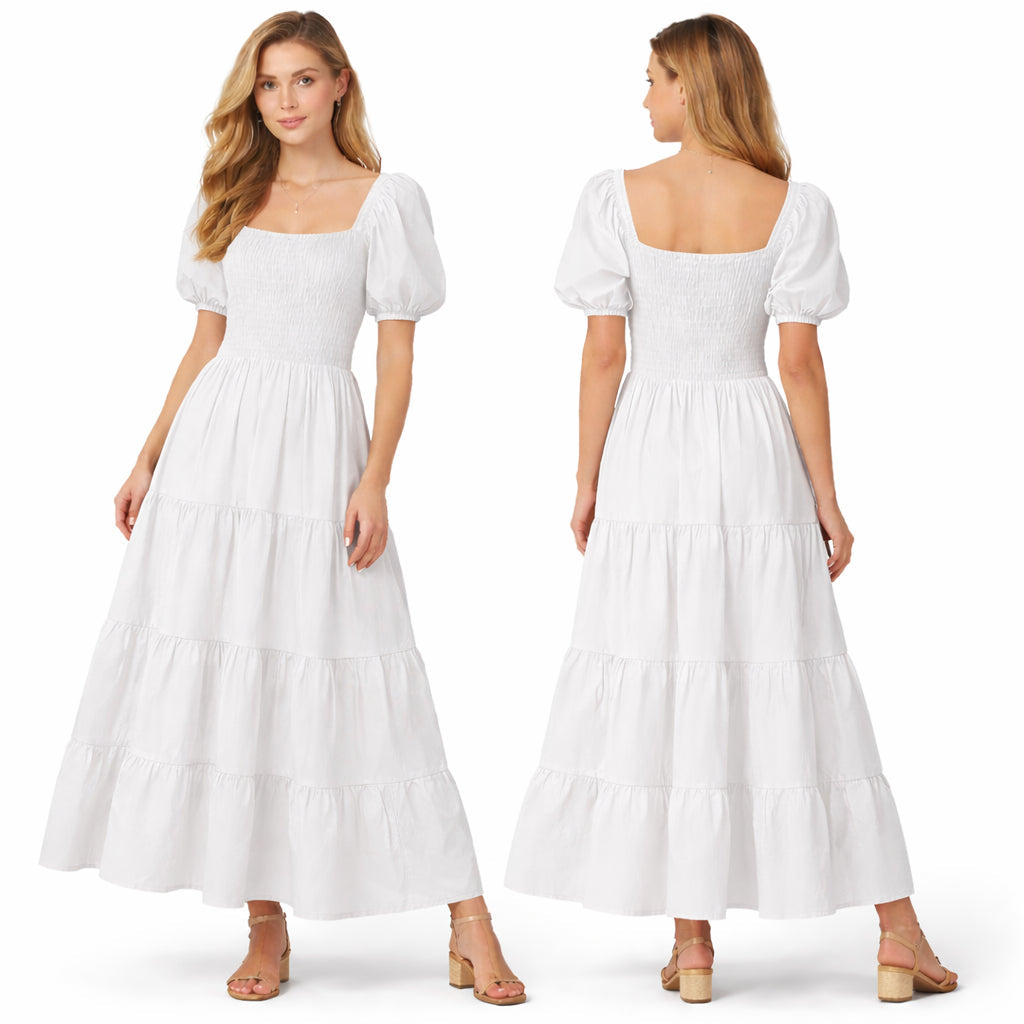 Robe longue femme smockée manches bouffantes coupe fluide à volants style élégant été