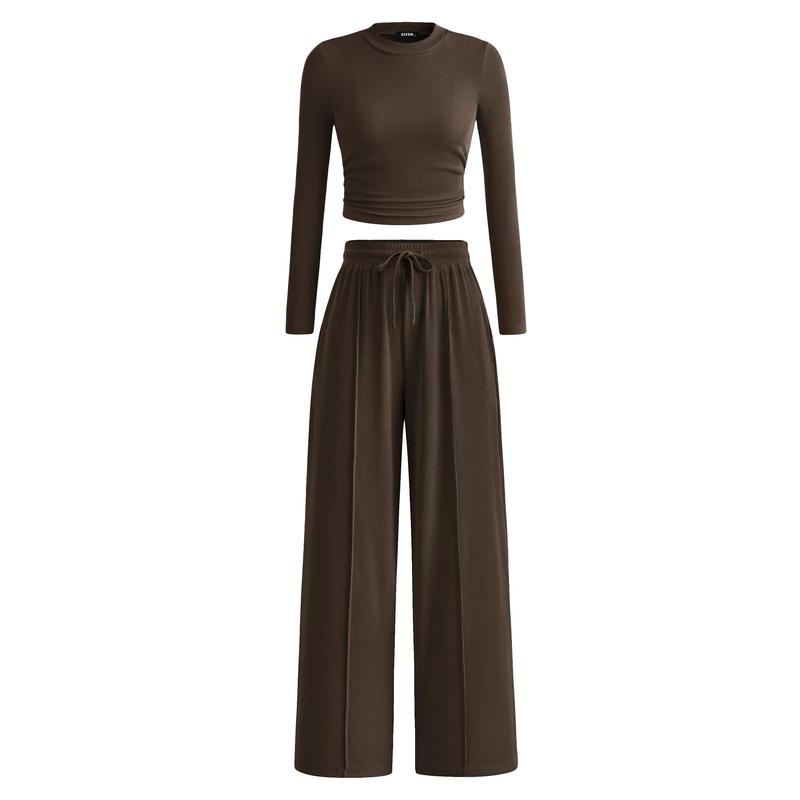 2-Piece Ribbed Knit Long Sleeve Crop Top Wide Leg Pants Matching Lounge Set Loungewear