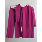 Trendy Knit Turtle Neck Tank & Wide Leg Trousers with Open-front Long Cardigan Three-piece Clothes Sets, Casual Womenswear