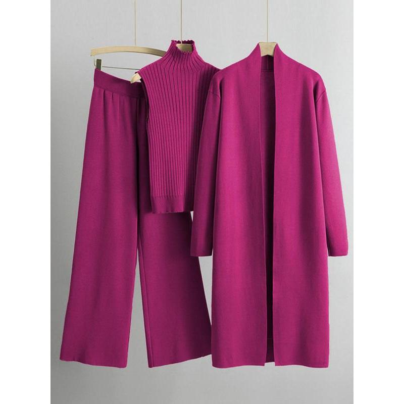 Trendy Knit Turtle Neck Tank & Wide Leg Trousers with Open-front Long Cardigan Three-piece Clothes Sets, Casual Womenswear