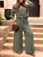 Women's Long Sleeve Loose Fit Shirt Set with Tie Hem, Single Button Decorated Wide Leg Pants, Casual All Season Outfit