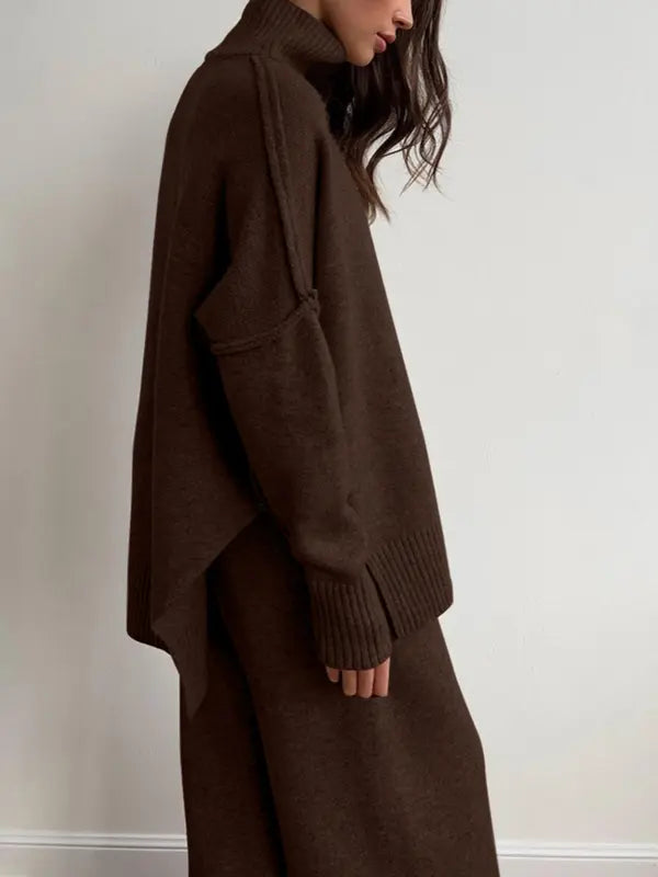 Women's 2 Pcs Sweater Set Autumn/Winter Long Sleeve Turtle Neck Drop Shoulder Solid Color Pullover Sweater and Wide Leg Pants