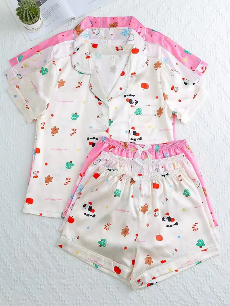 Women's Solid Contrast Binding Bow Decor Pajama Set, Short Sleeve Button Front Lapel Shirt & Shorts Pj Set, Ladies Summer Sleepwear & Loungewear