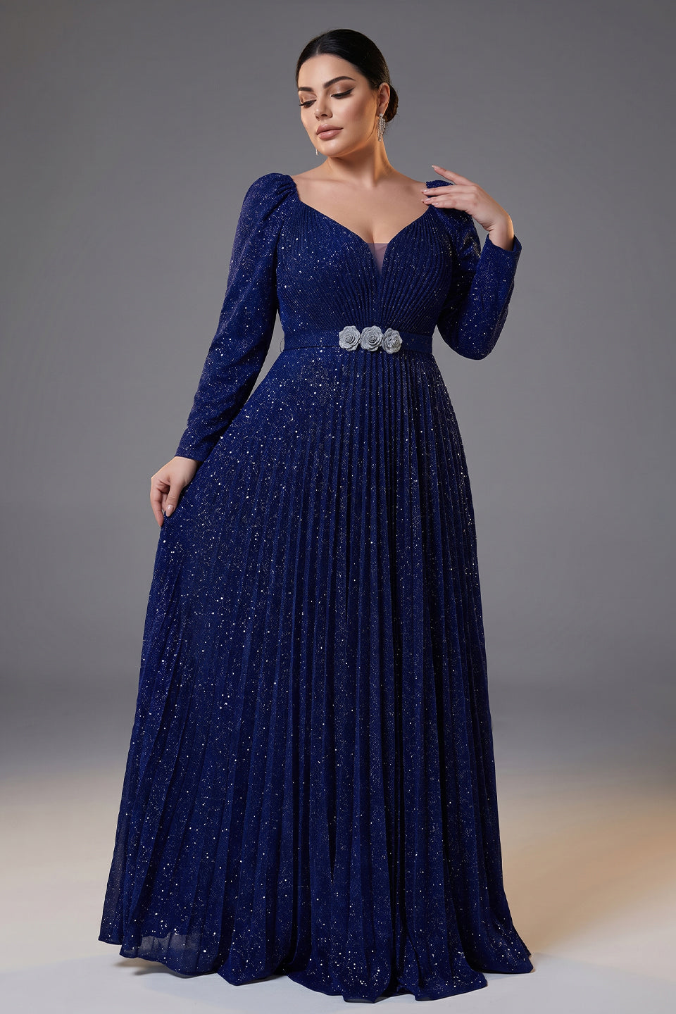 Curveins Plus Size V Neck Short Sleeve Ruched Waist Flowy Elegant Maxi Dress