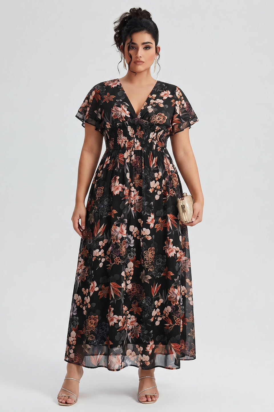 Curveins Plus Size V Neck Batwing Sleeve Floral Print Flowing Maxi Dress