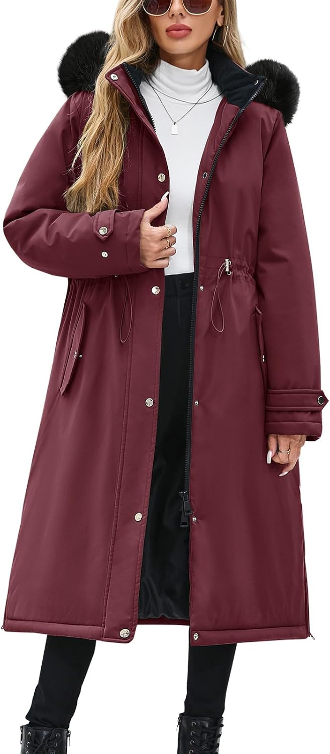 Women's Long Coats Winter Fleece Lined Warm Long Jackets for Women, Water Repellent Windproof Parka Coat Zip Up Button Drawstring Waist Overcoat with Pockets and Detachable Hood